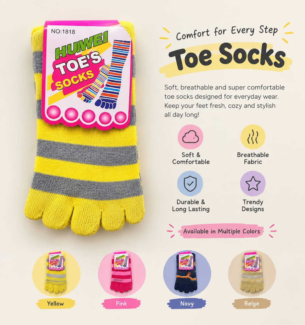 Colorful Toe Socks – Comfort for Every Step (Pack of 12)