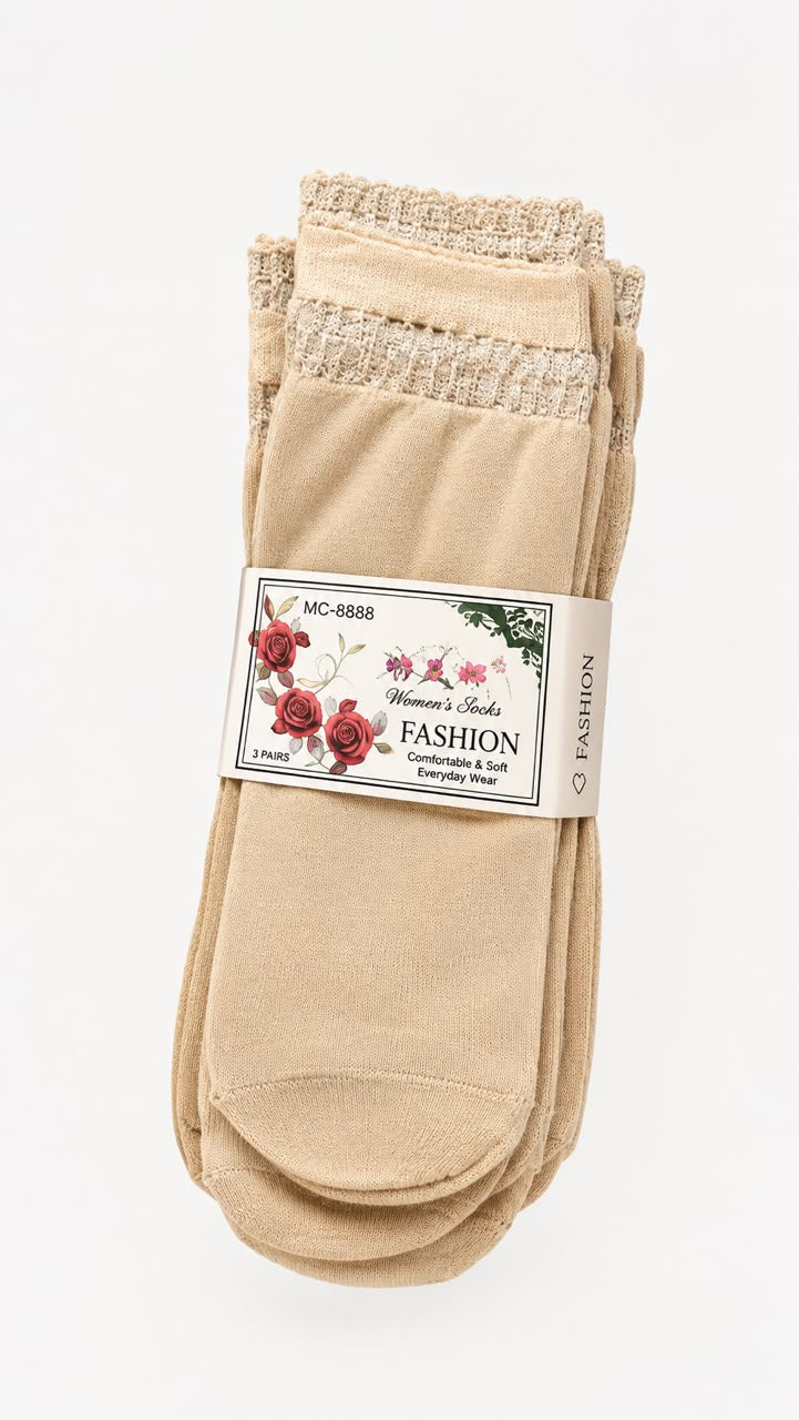 Women’s Beige Lace Socks (Pack of 12)