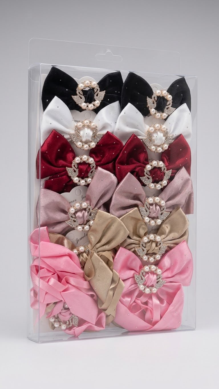 Satin Ribbon Hair Bow Set with Pearl (Pack of 12)