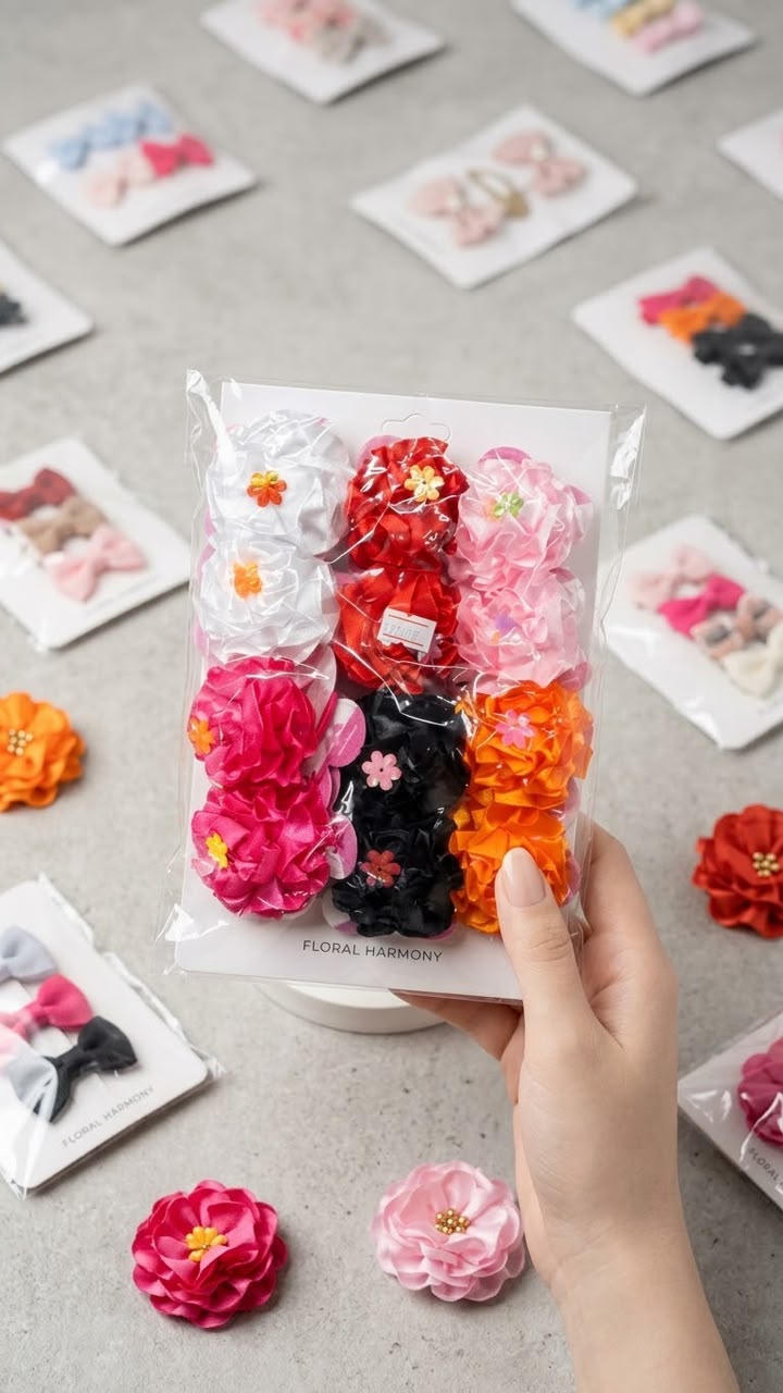 Satin Ribbon Flower Hair Scrunchies  (12)