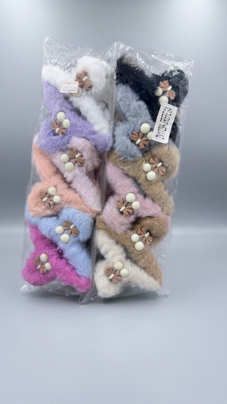 Pastel & Neutral Furry Bow Hair Claw Clips Set of 12