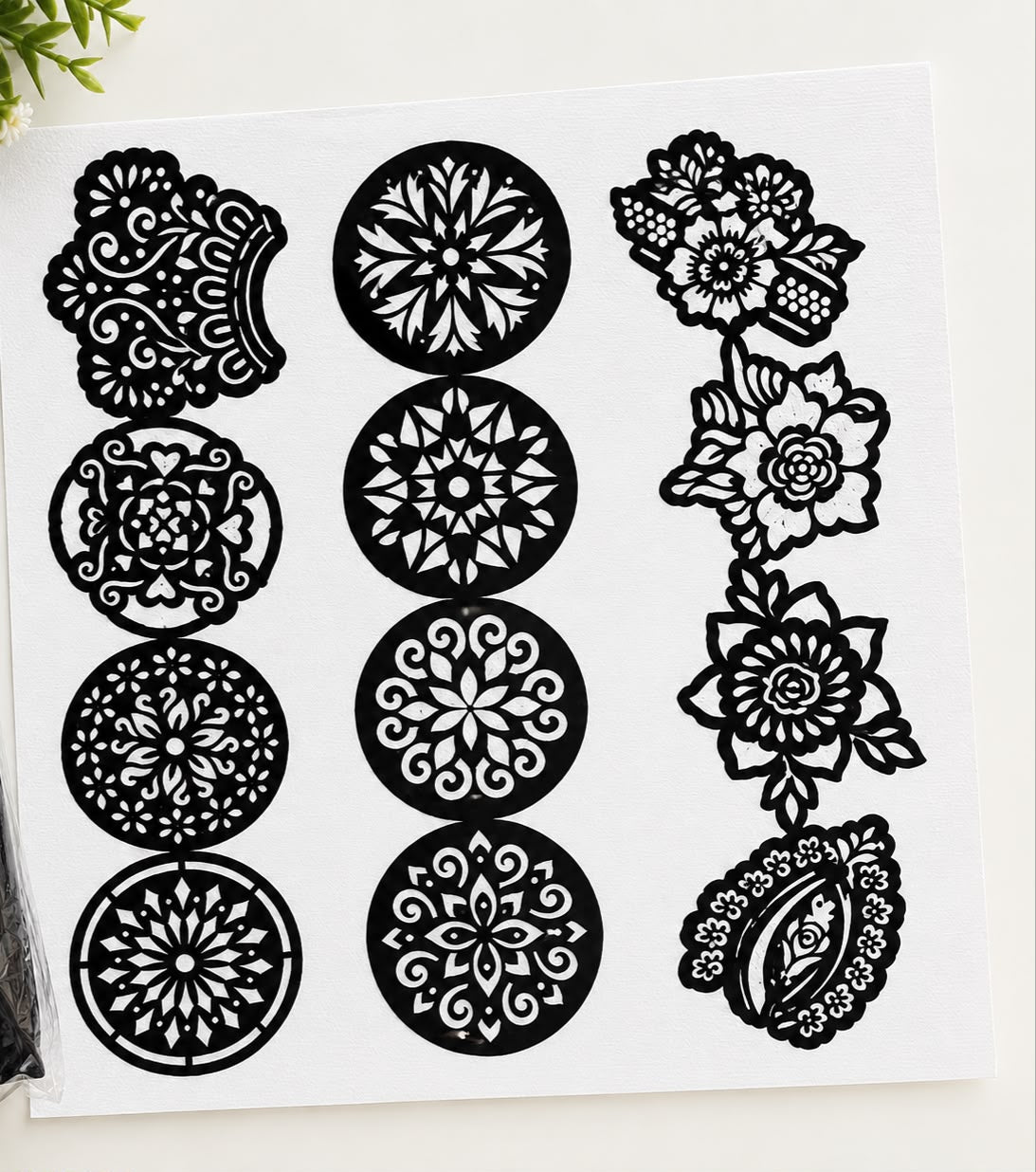 Black Floral & Mandala Mehndi Style Decorative Stickers – 10 Designs