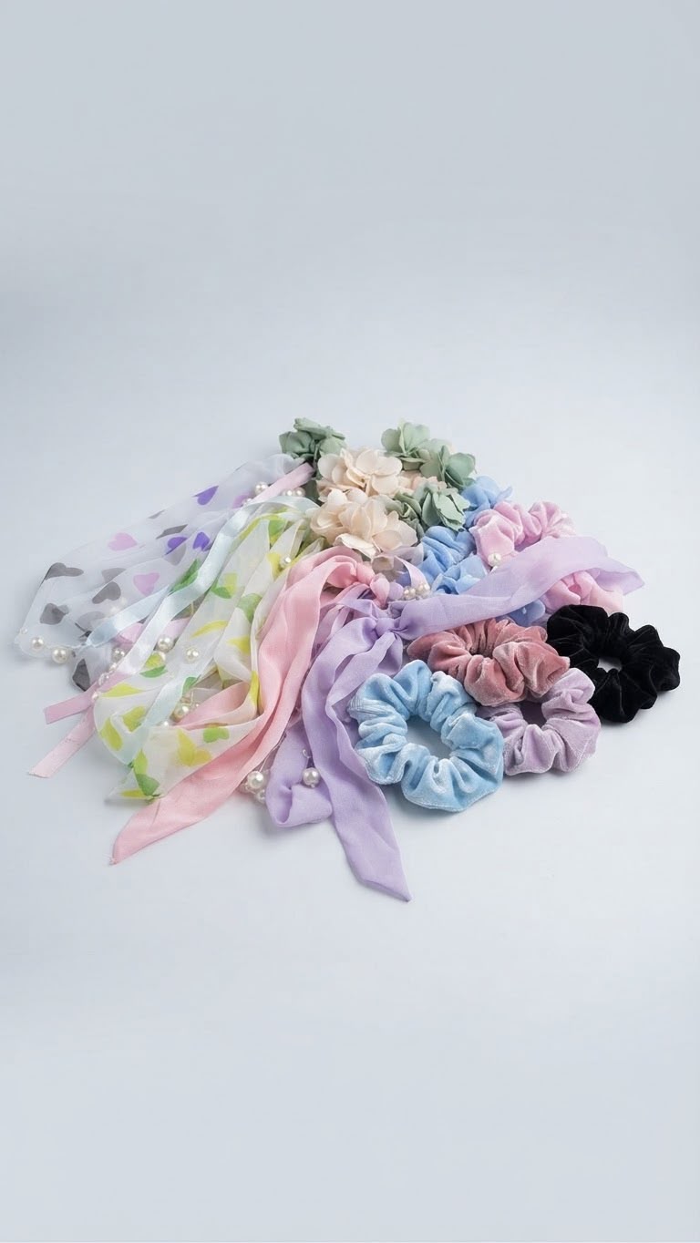 Assorted Hair Scrunchies and Chiffon Ribbon Bows Value Pack of 12