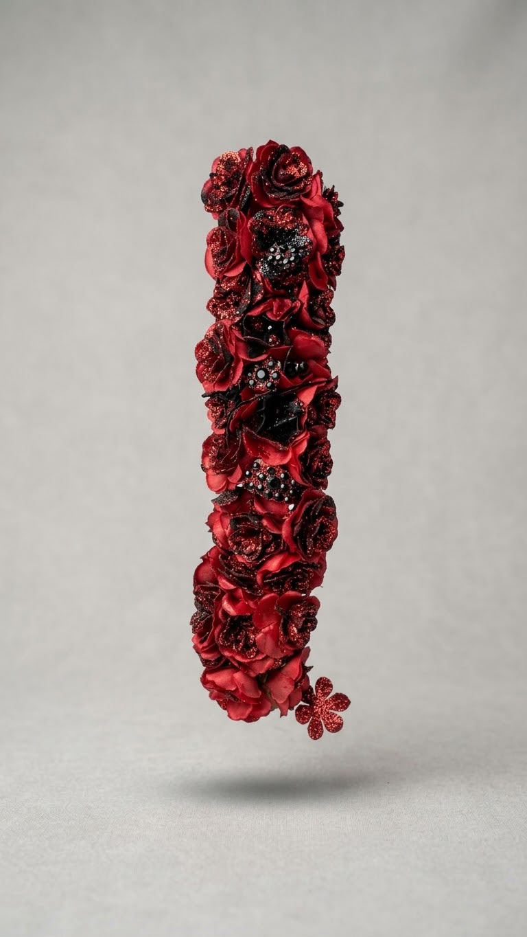 Product Title: Glittering Red and Black Floral Hair Accessory