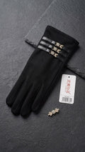Embellished Leather-Strap Black Winter Gloves (Pack of 12)