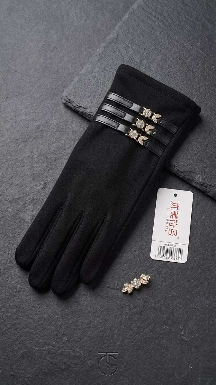 Embellished Leather-Strap Black Winter Gloves (Pack of 12)